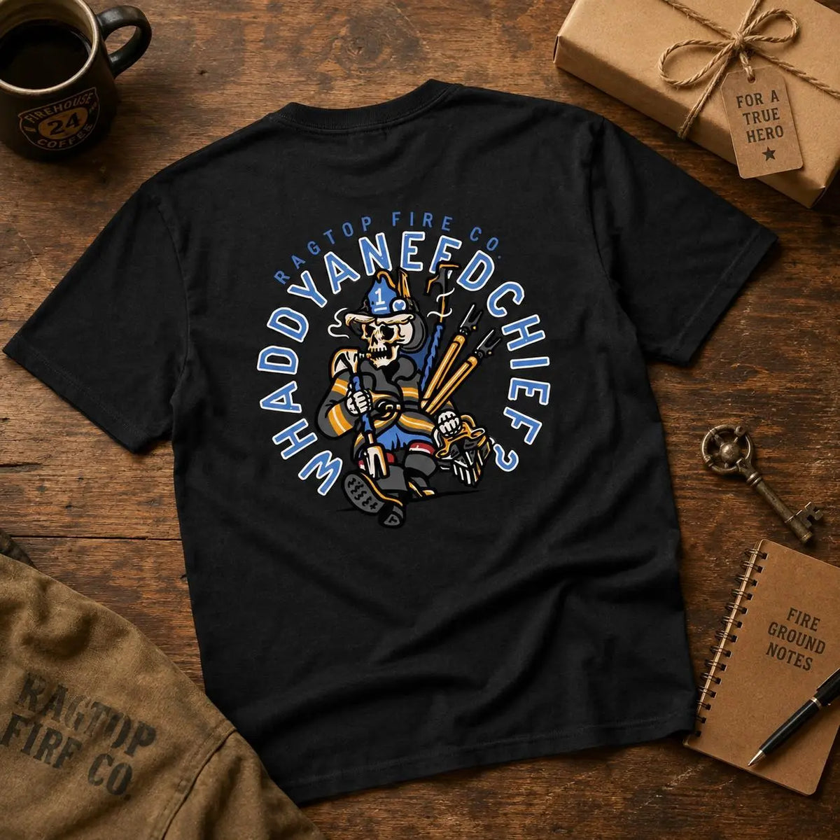 [MADE IN US] Men's Firefighter Chief Graphic T-Shirt - Preshrunk Cotton Classic Menswear Tops, Bold Graphics, 2-Sided Firehouse Skull Design, Round Neck Short Sleeve Casual Tee, Gift for First Responders Soft Basic 2