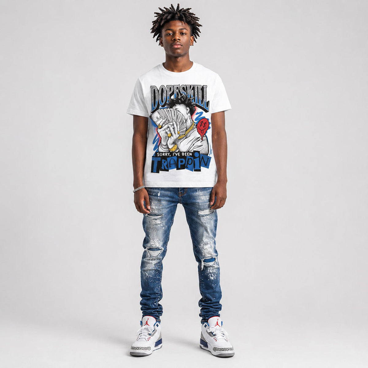 “True Blue” 3s DopeSkill T-Shirt Sorry I've Been Trappin Graphic