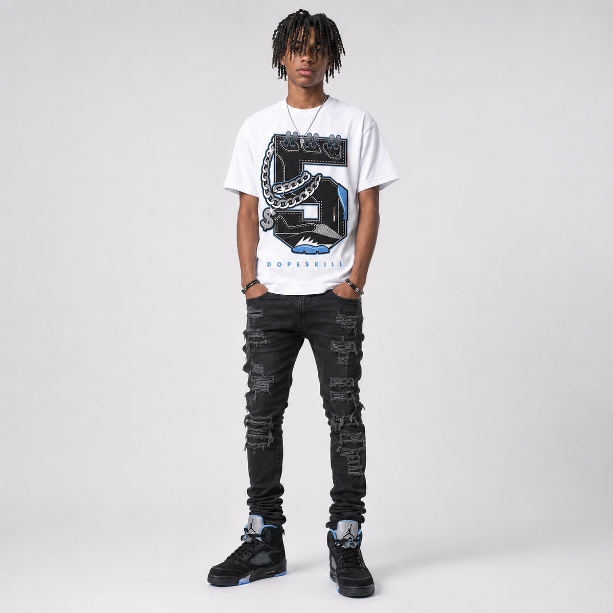 Black University Blue 5s DopeSkill T-Shirt No.5 Graphic