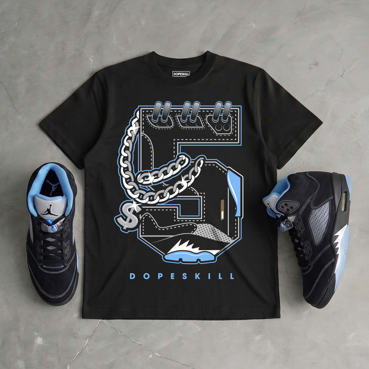 Black University Blue 5s DopeSkill T-Shirt No.5 Graphic