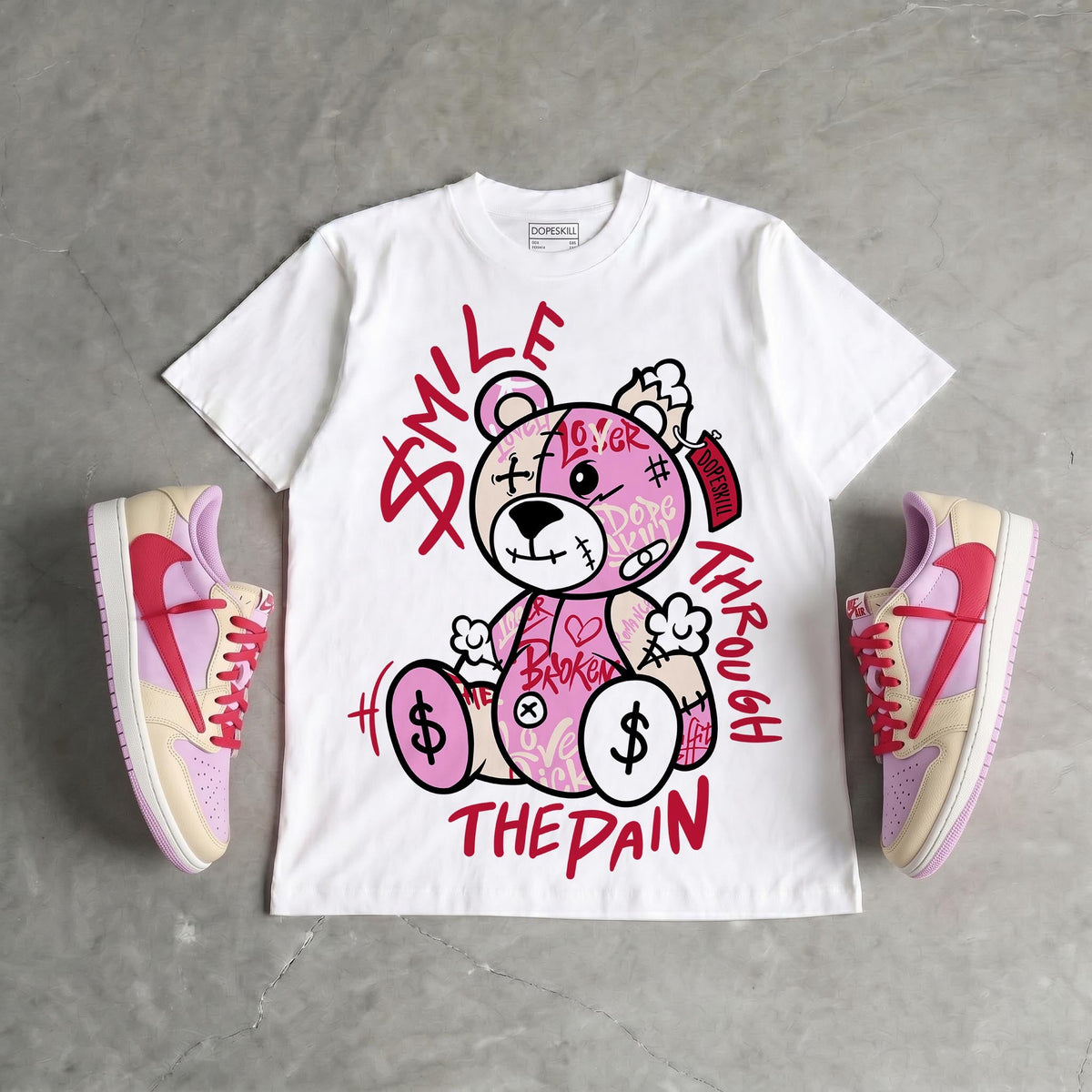 Travis Scott x “Pink Pack” 1s DopeSkill T-Shirt Smile Through The Pain Graphic