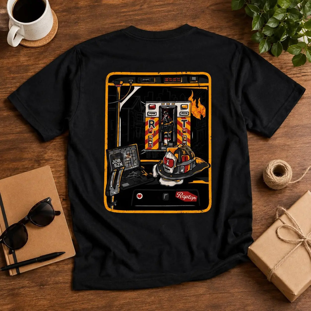[MADE IN US] Firefighter Job Scene T Shirt, Detailed Fire Engine Helmet And Station Graphic, Gift For Firefighters First Responders And Firehouse Members 3