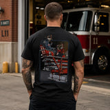 [MADE IN US] Men's Graphic Basic Tee - Preshrunk Cotton, Shoulder Tape, Double-Sided Detailed Ladder Truck & Fireman Graphic, Gift for Firefighters (Men's Tops for Firefighting Pros) 3