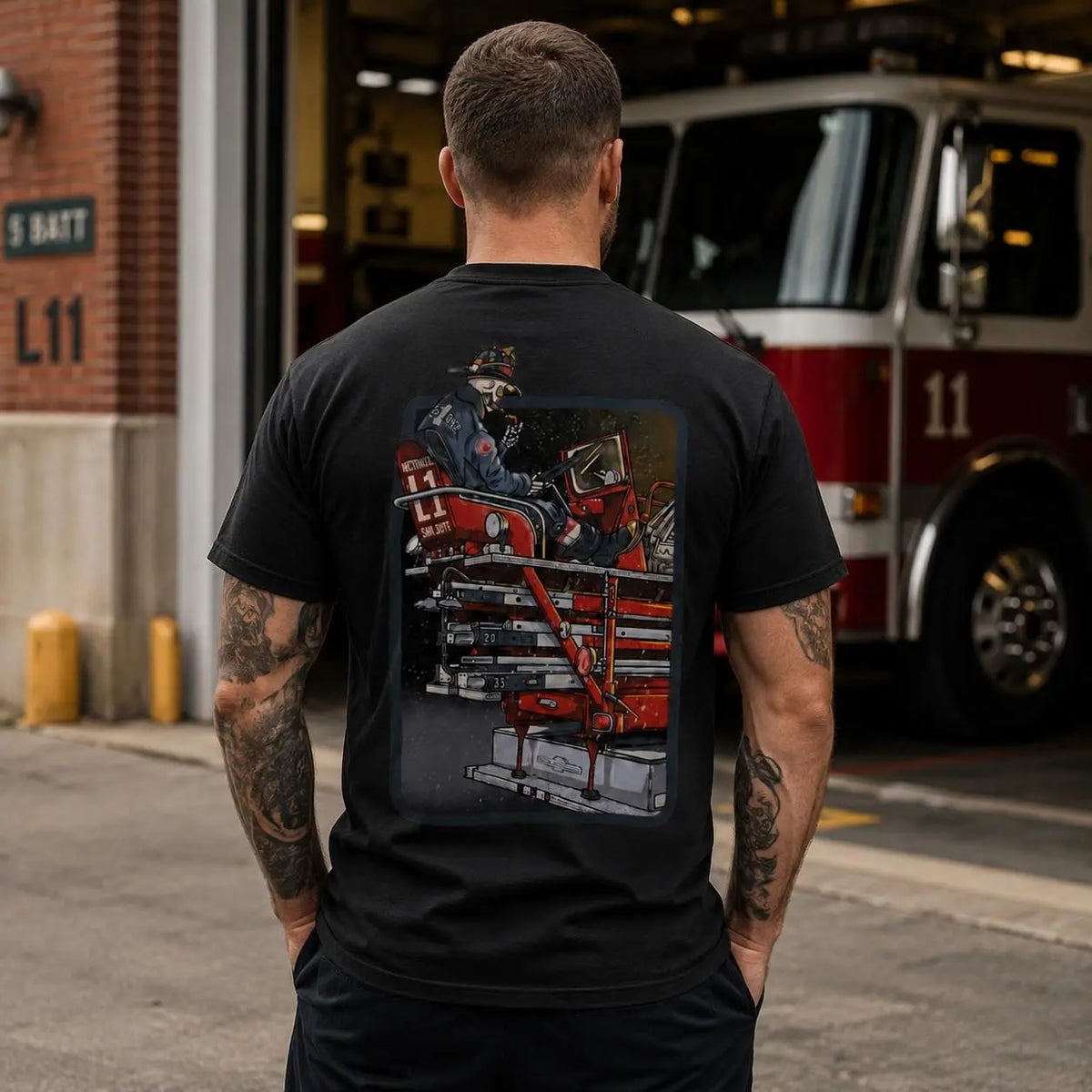 [MADE IN US] Men's Graphic Basic Tee - Preshrunk Cotton, Shoulder Tape, Double-Sided Detailed Ladder Truck & Fireman Graphic, Gift for Firefighters (Men's Tops for Firefighting Pros) 3