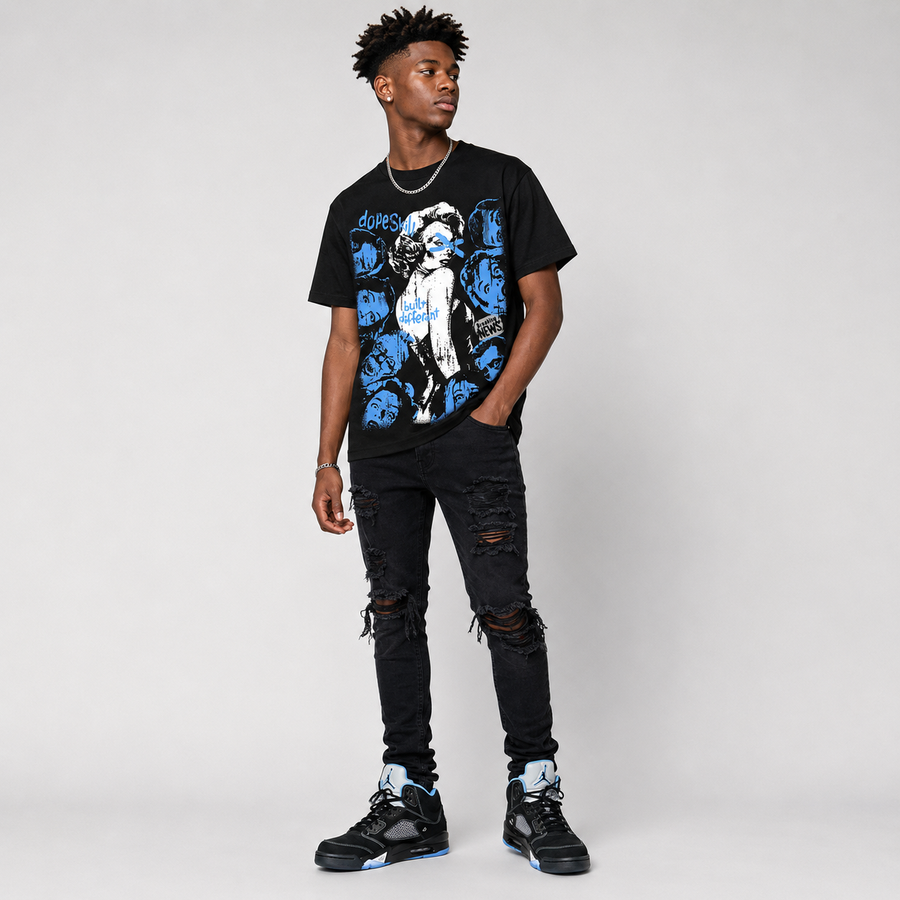 Black University Blue 5s DopeSkill T-Shirt Built Different Graphic
