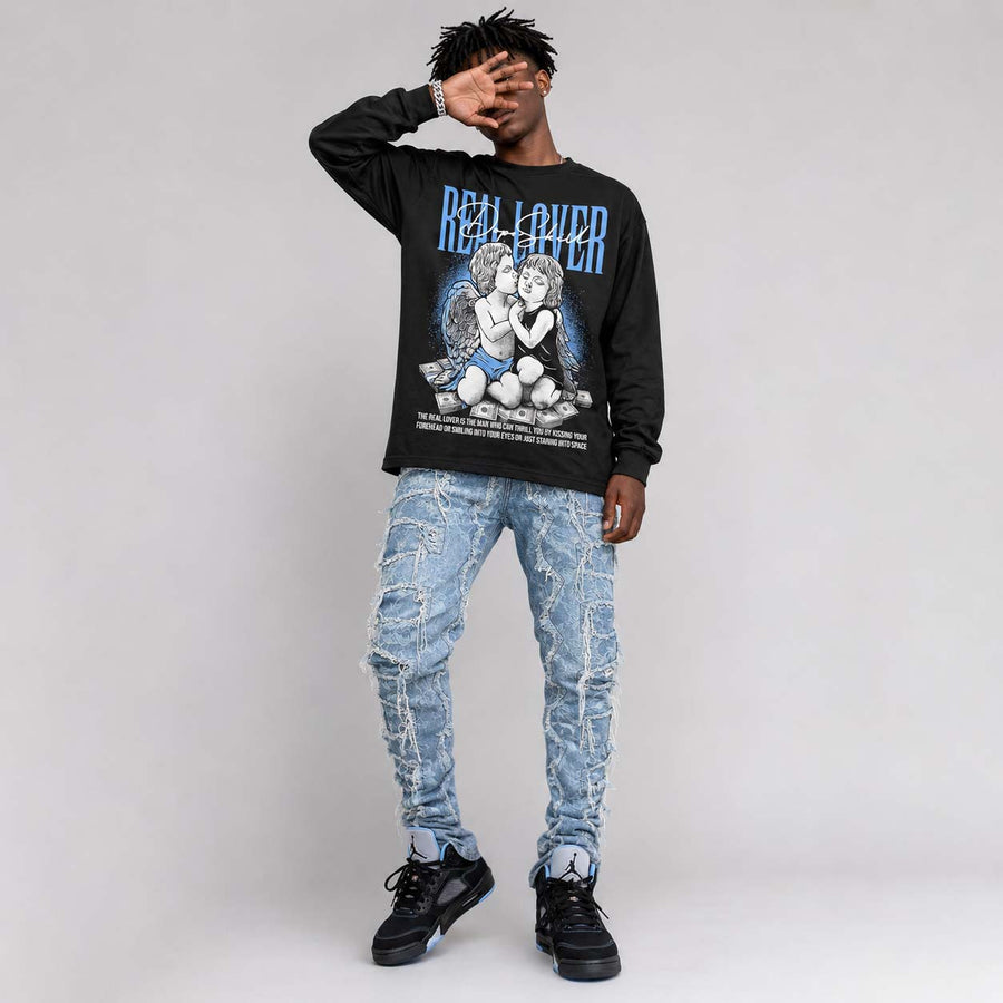 Black University Blue 5s DopeSkill Long Sleeve T-Shirt Real Lover Graphic