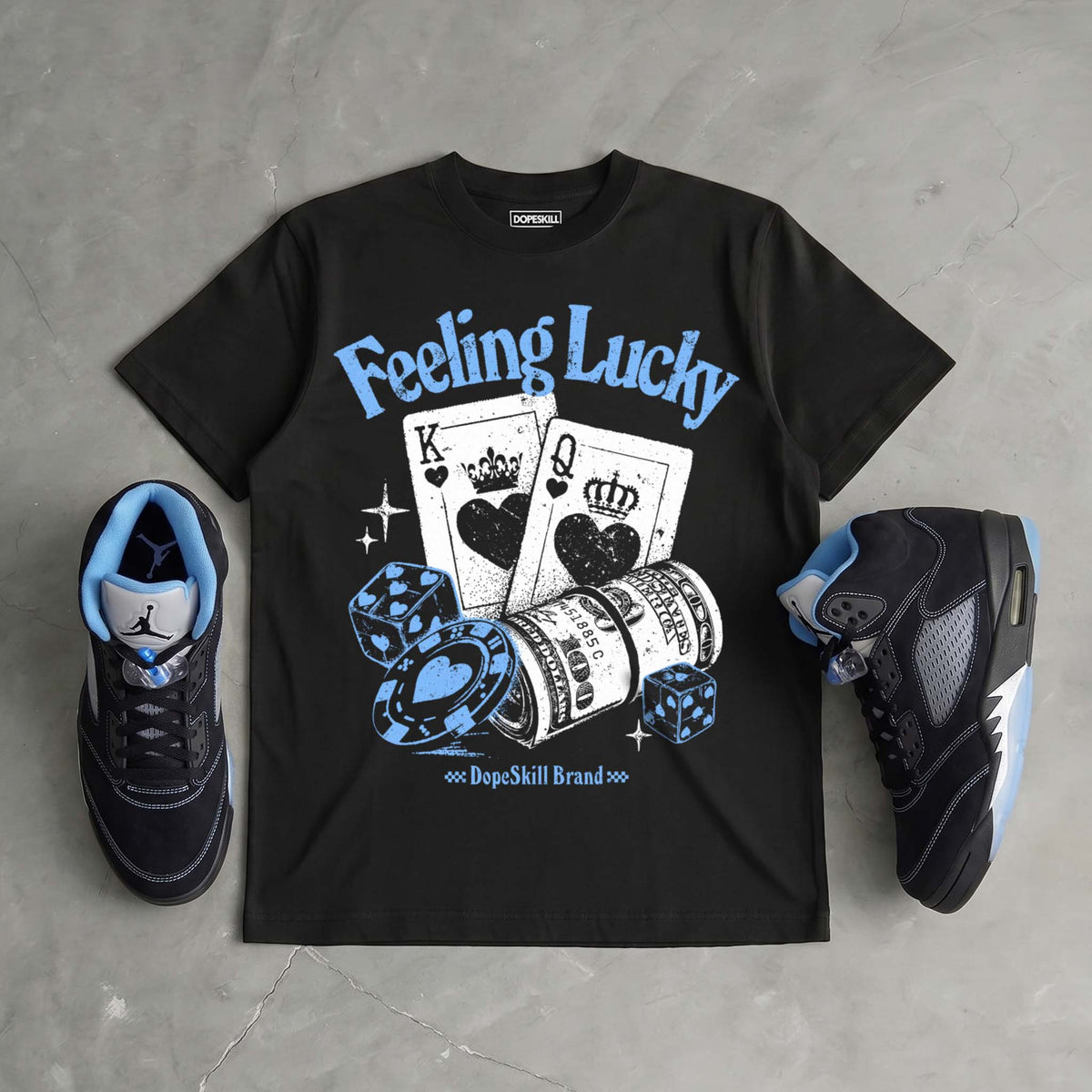 Black University Blue 5s DopeSkill T-Shirt Feeling Lucky Graphic