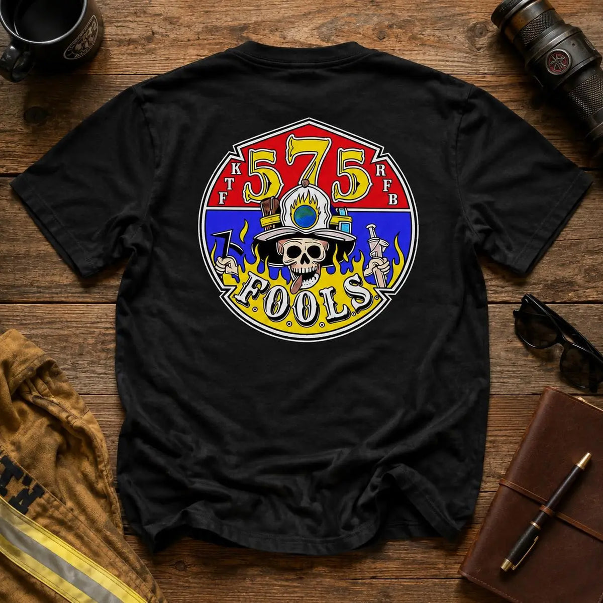 [MADE IN US] Men's Soft Casual Cotton Graphic T-Shirt - 575 FOOLS Firefighter Design with Skull Helmet, Flames, Firehouse Emblem, Gift for Firefighters Brotherhood Members, Men's Top Classic Menswear 2