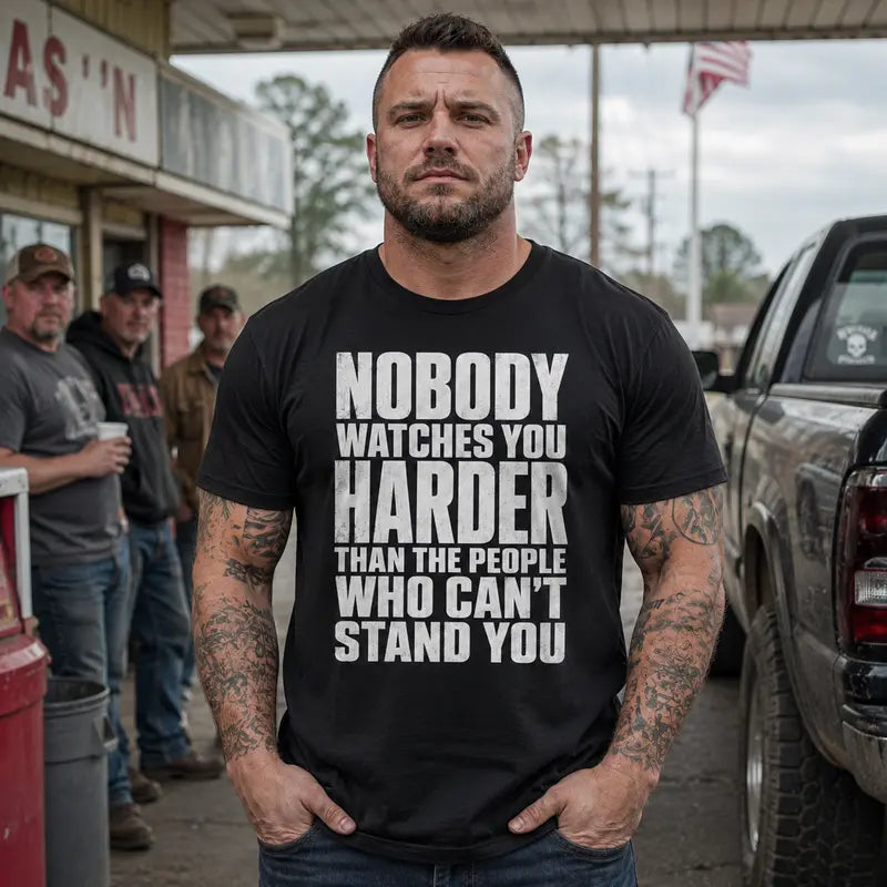 Men’s Bold Letters Sarcastic Hater Quote T-Shirt - Mens Clothing, Casual Wear, Black Short-Sleeve Crew Neck, Funny "Nobody Watches You Harder Than the People Who Can’t Stand You" Graphic, Unique Gifts for Man, Confidence Statement Casual Top
