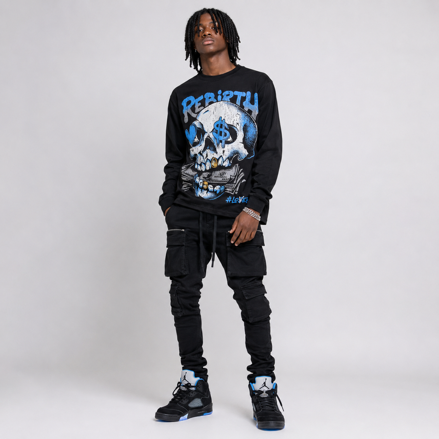 Black University Blue 5s DopeSkill Long Sleeve T-Shirt Rebirth Graphic