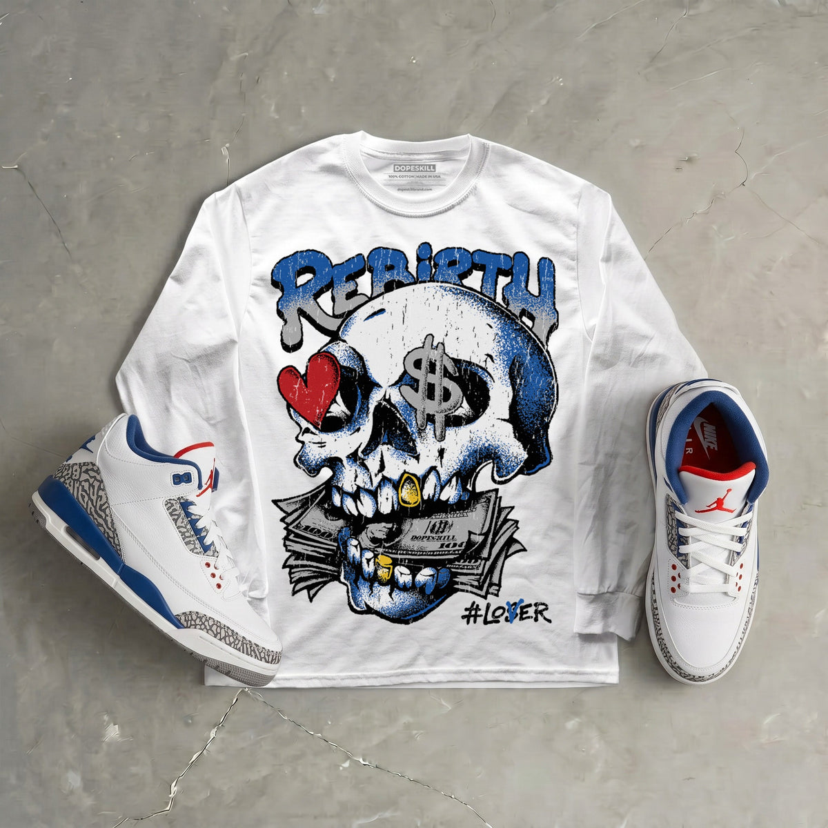 “True Blue” 3s DopeSkill Long Sleeve T-Shirt Rebirth Graphic