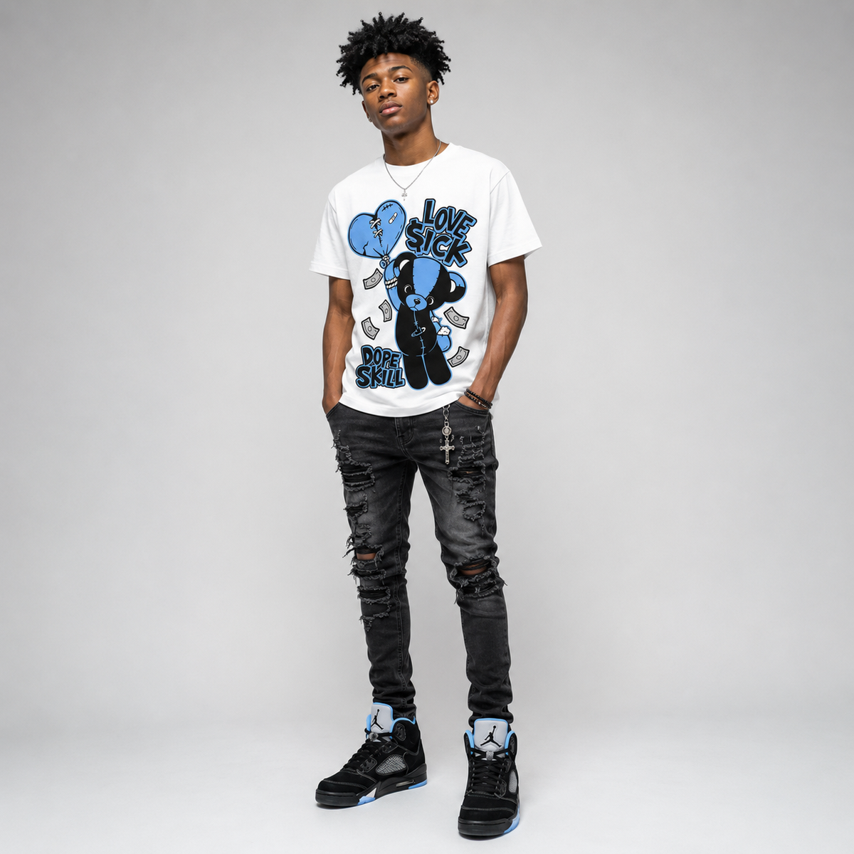 Black University Blue 5s DopeSkill T-Shirt Love Sick Graphic