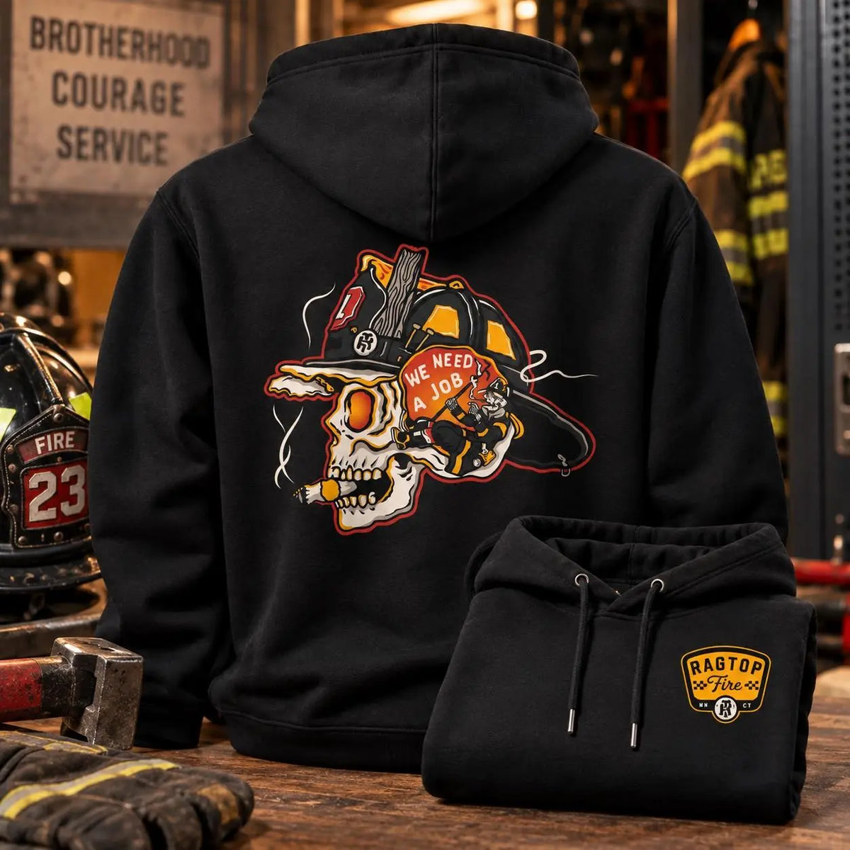 [MADE IN US] We Need A Job Firefighter Hoodie, Skull Firefighter Helmet Graphic Pullover, Gift For Firemen First Responders And Firehouse Crew Classic Cotton 3