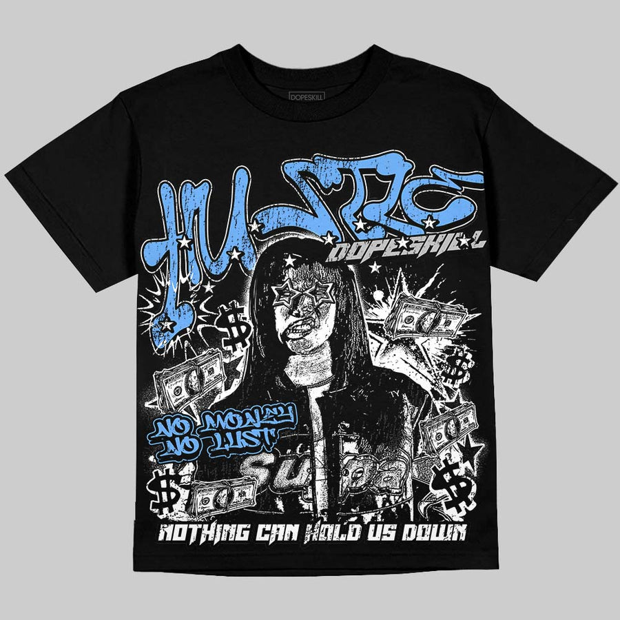 Black University Blue 5s DopeSkill Oversize Print T-Shirt No Money No Lust Graphic