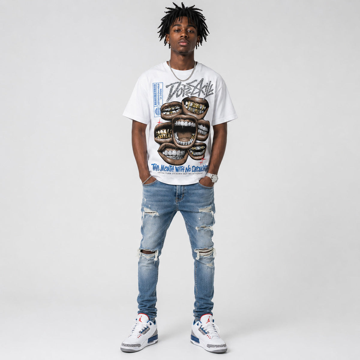 “True Blue” 3s DopeSkill T-Shirt The Mouth With No Droughts Graphic