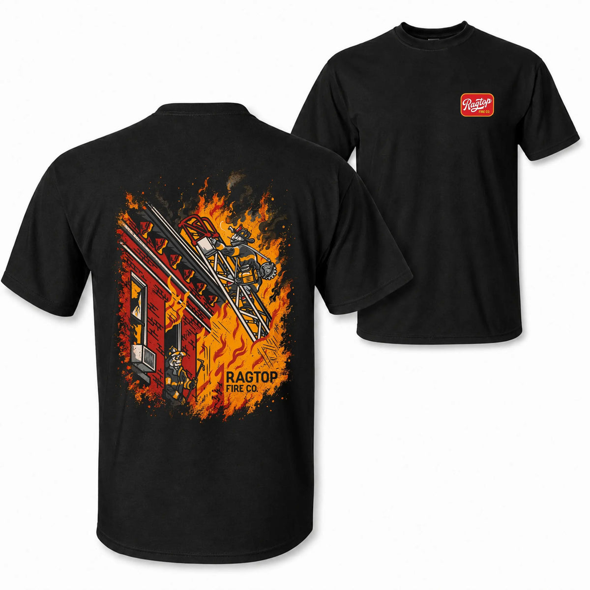 [MADE IN US] Firefighter Ladder Rescue T Shirt, Bold Burning Building And Fire Crew Graphic, Firehouse Work Shirt For Firefighters Rescue Teams And First Responders Casual Classic Cotton Man