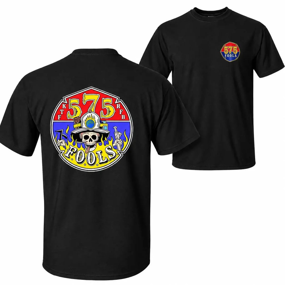 [MADE IN US] Men's Soft Casual Cotton Graphic T-Shirt - 575 FOOLS Firefighter Design with Skull Helmet, Flames, Firehouse Emblem, Gift for Firefighters Brotherhood Members, Men's Top Classic Menswear