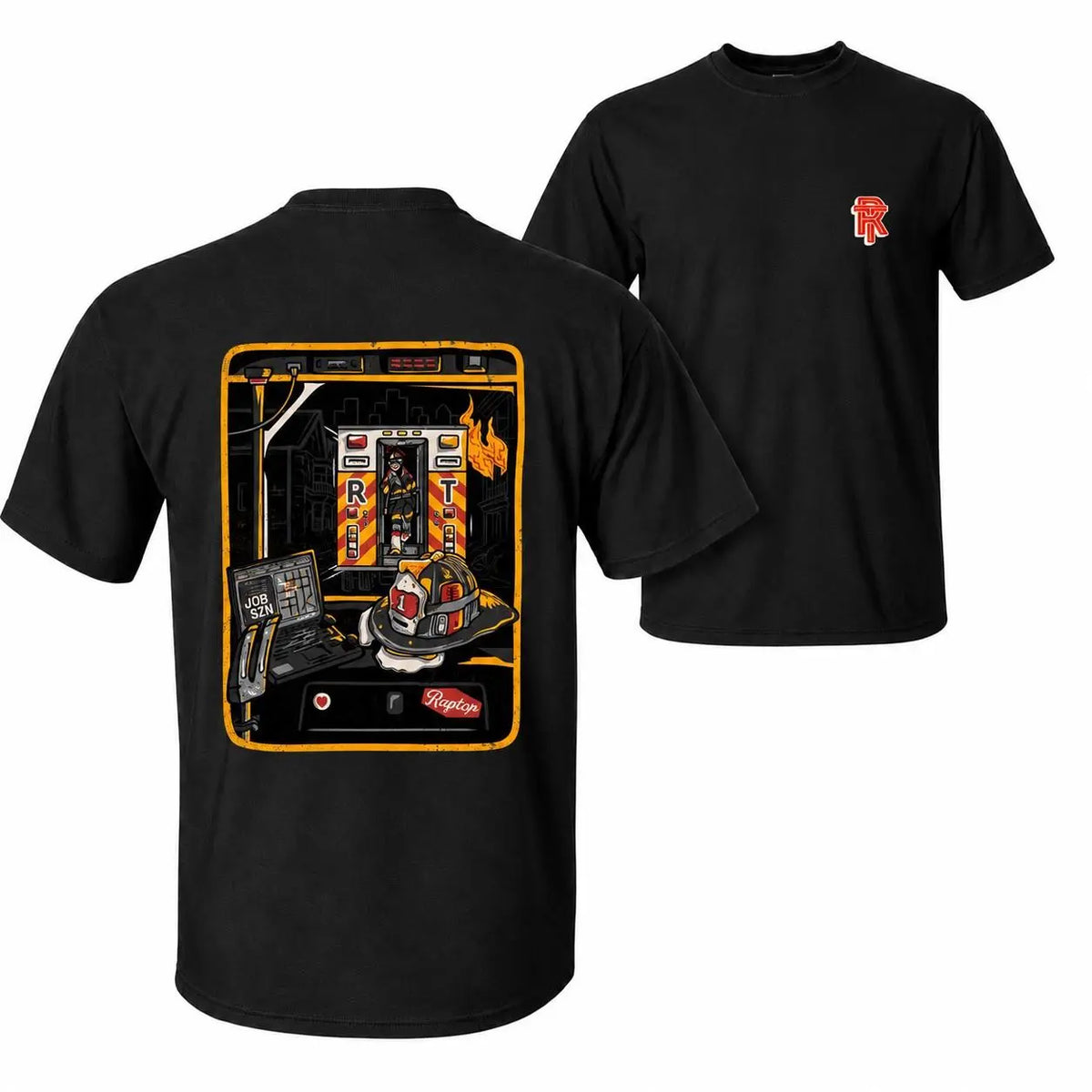 [MADE IN US] Firefighter Job Scene T Shirt, Detailed Fire Engine Helmet And Station Graphic, Gift For Firefighters First Responders And Firehouse Members