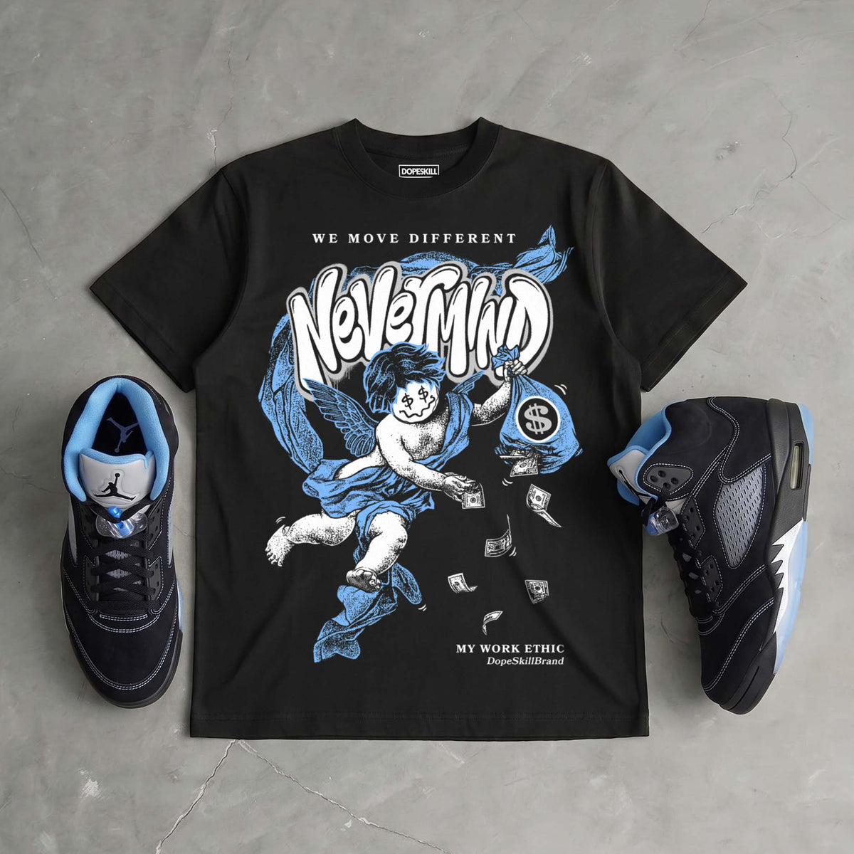 Black University Blue 5s DopeSkill T-Shirt Nevermind Graphic