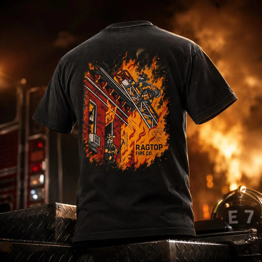 [MADE IN US] Firefighter Ladder Rescue T Shirt, Bold Burning Building And Fire Crew Graphic, Firehouse Work Shirt For Firefighters Rescue Teams And First Responders Casual Classic Cotton Man 3