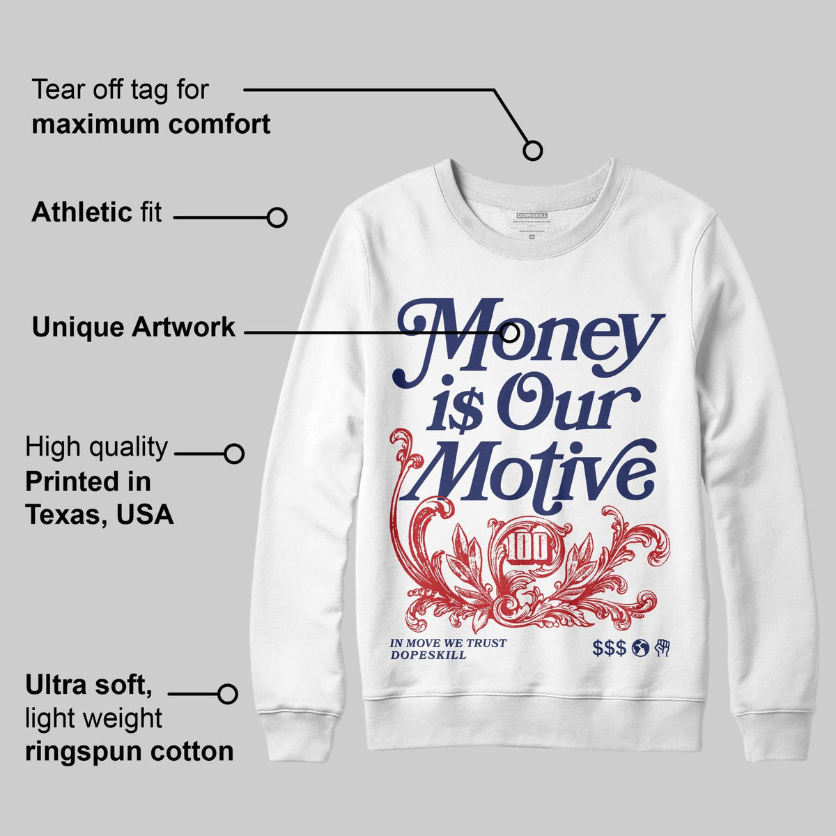 Rare Air 11s DopeSkill Sweatshirt Money Is Our Motive Typo Graphic
