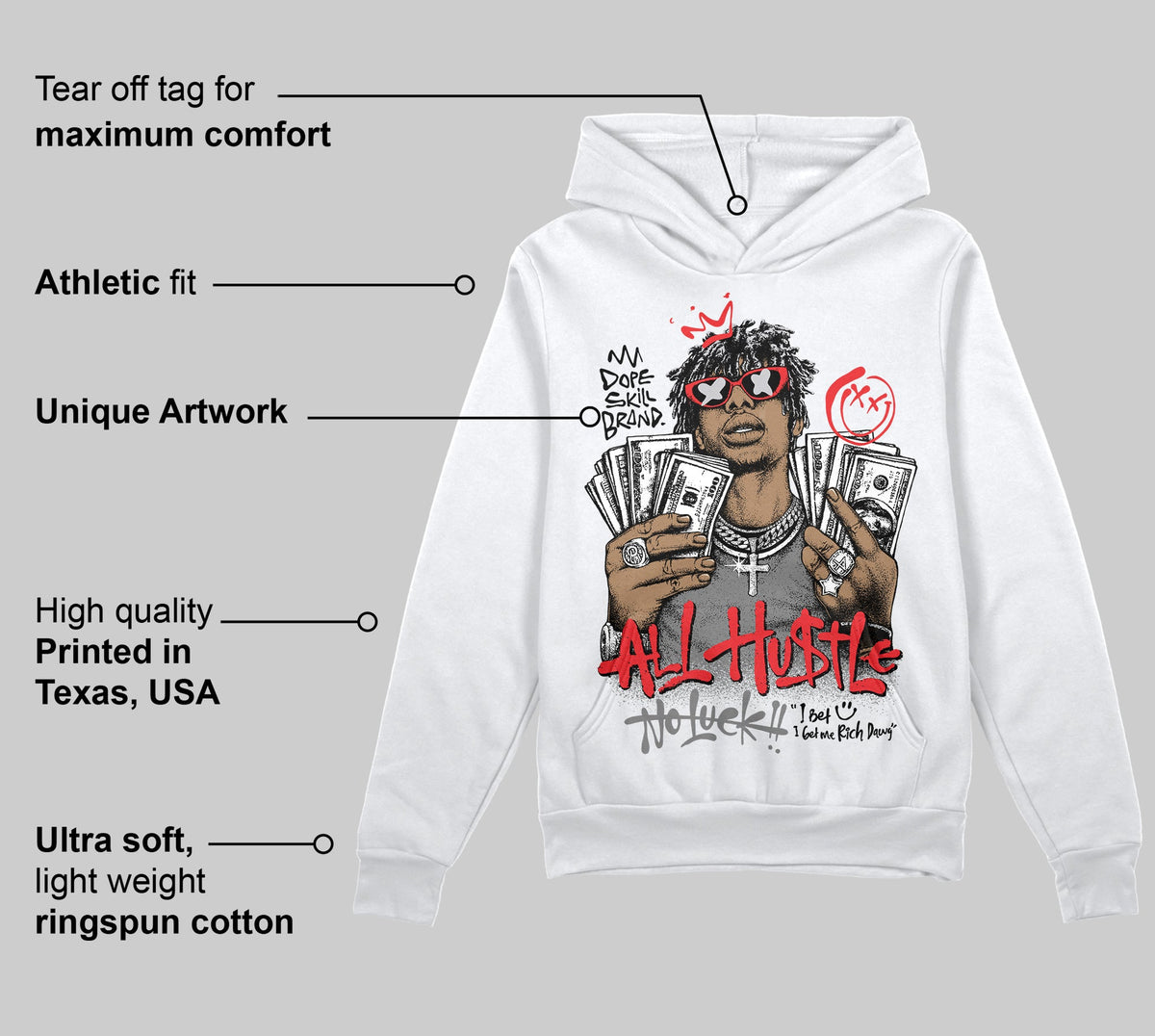Grey 'All Hustle No Luck' DopeSkill Graphic Hoodie