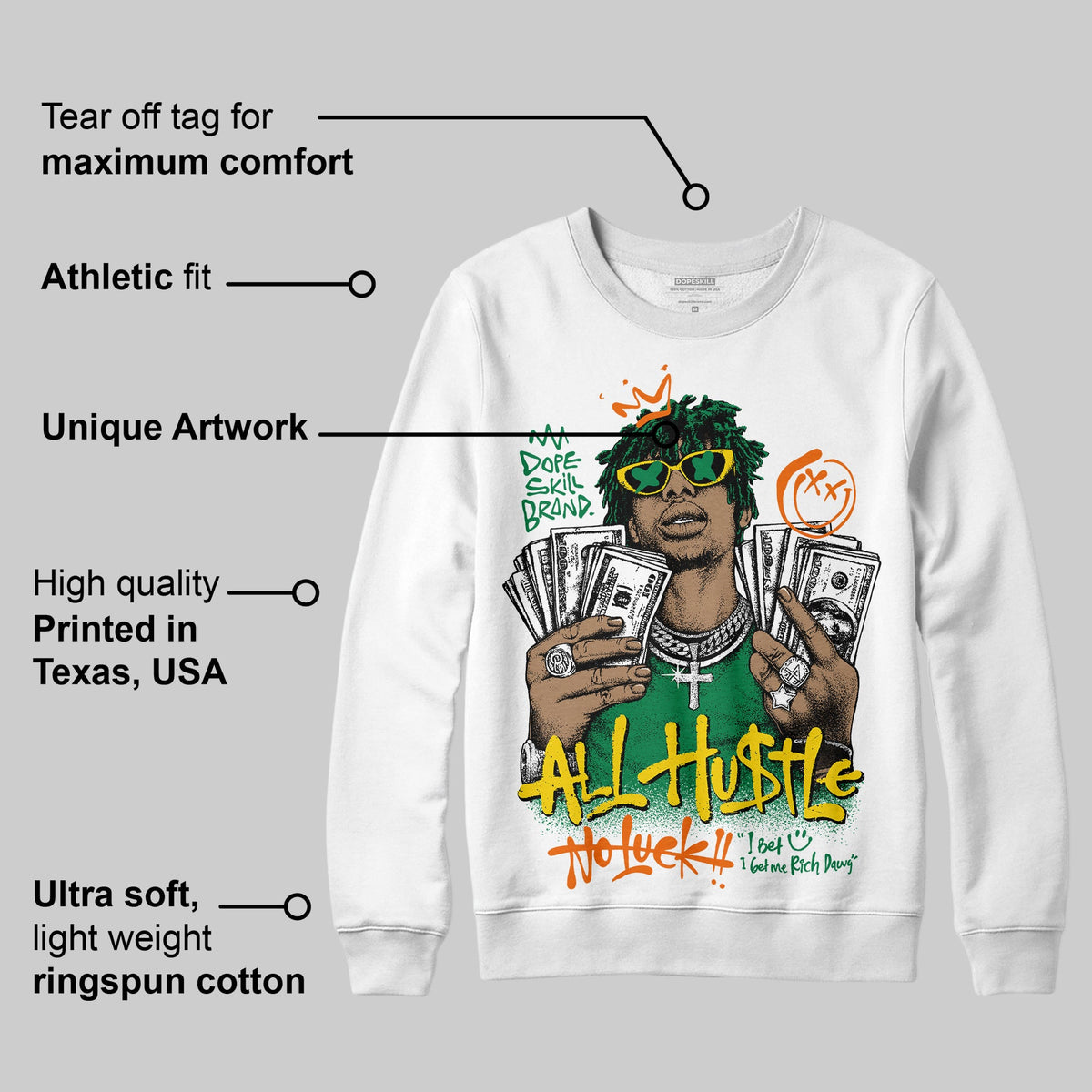 Green 'All Hustle No Luck' DopeSkill Graphic Sweatshirt