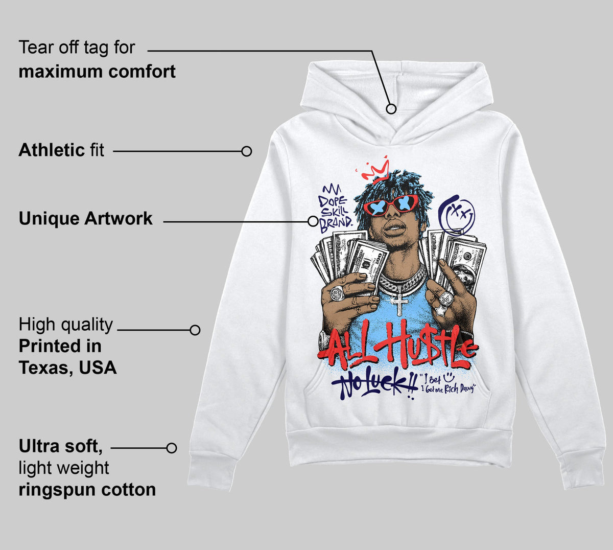 University Blue 'All Hustle No Luck' DopeSkill Graphic Hoodie