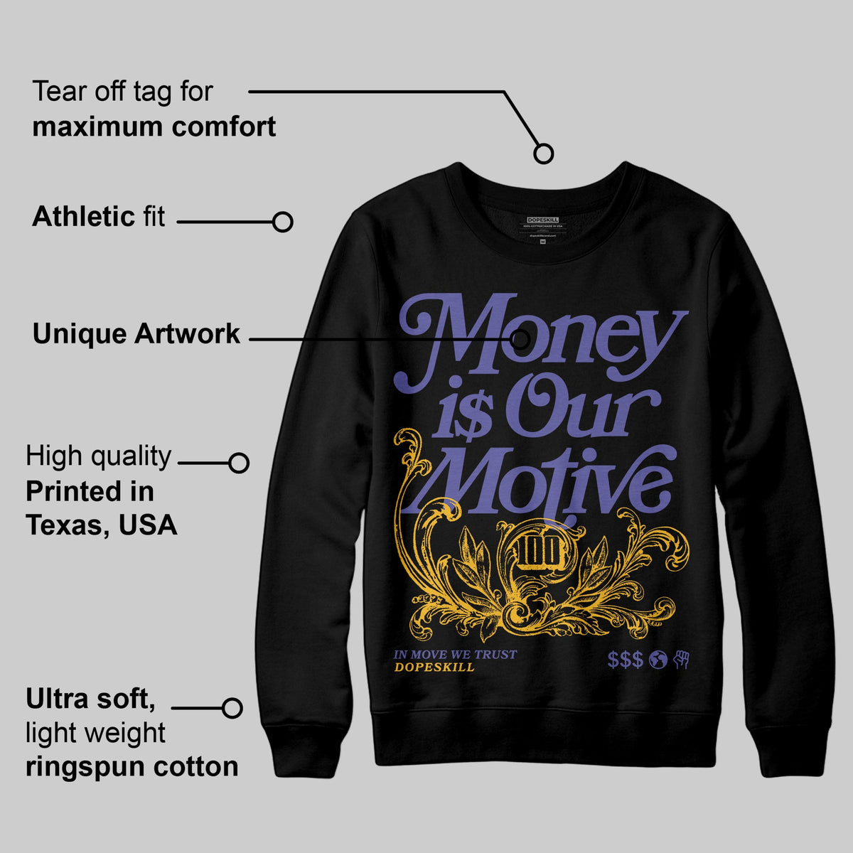 Lakers 4s DopeSkill Sweatshirt Money Is Our Motive Typo Graphic