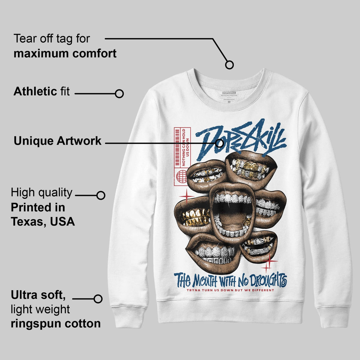 French Blue 12s DopeSkill Sweatshirt The Mouth With No Droughts Graphic