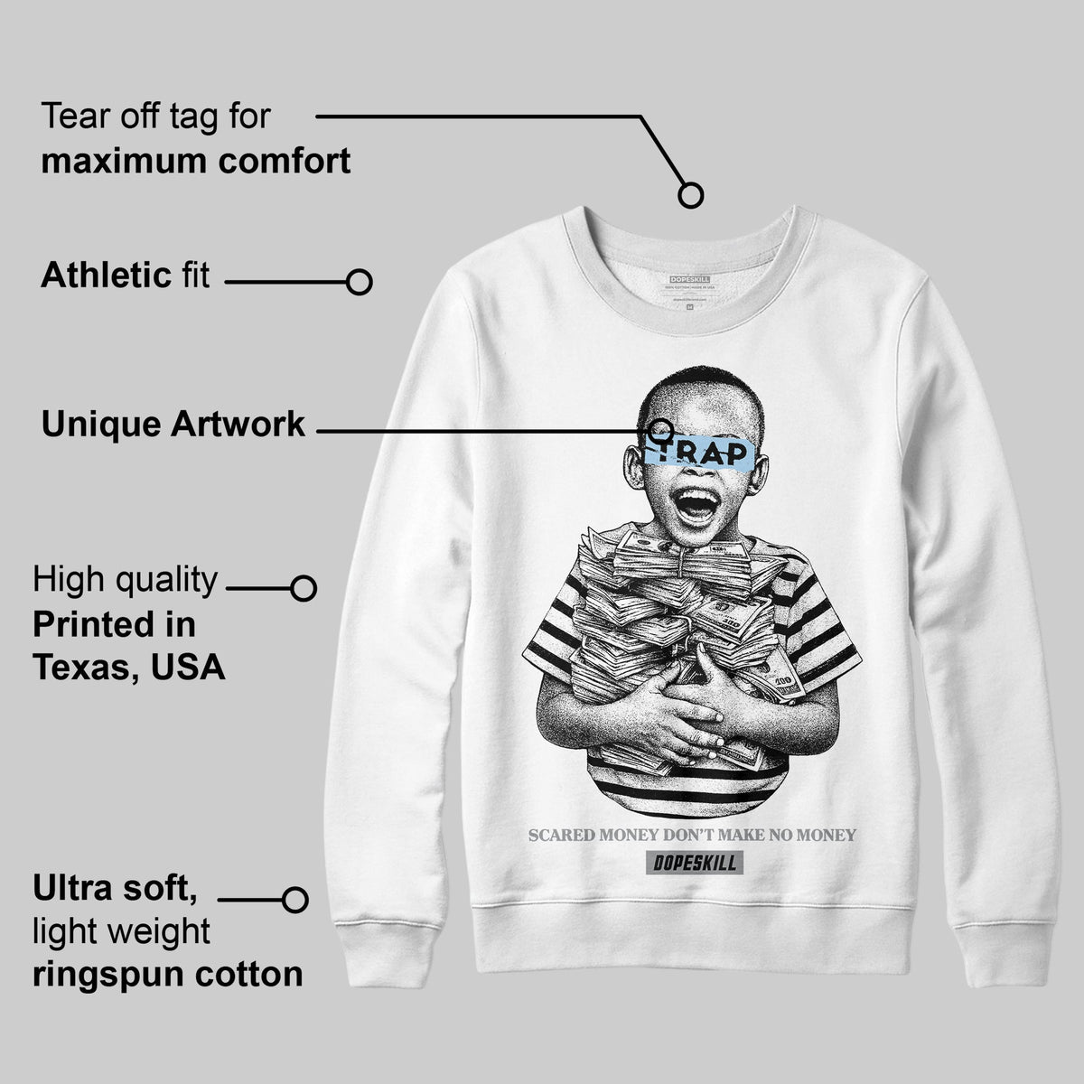 Wolf Grey 5s DopeSkill Sweatshirt Scared Money Don't Make No Money Graphic