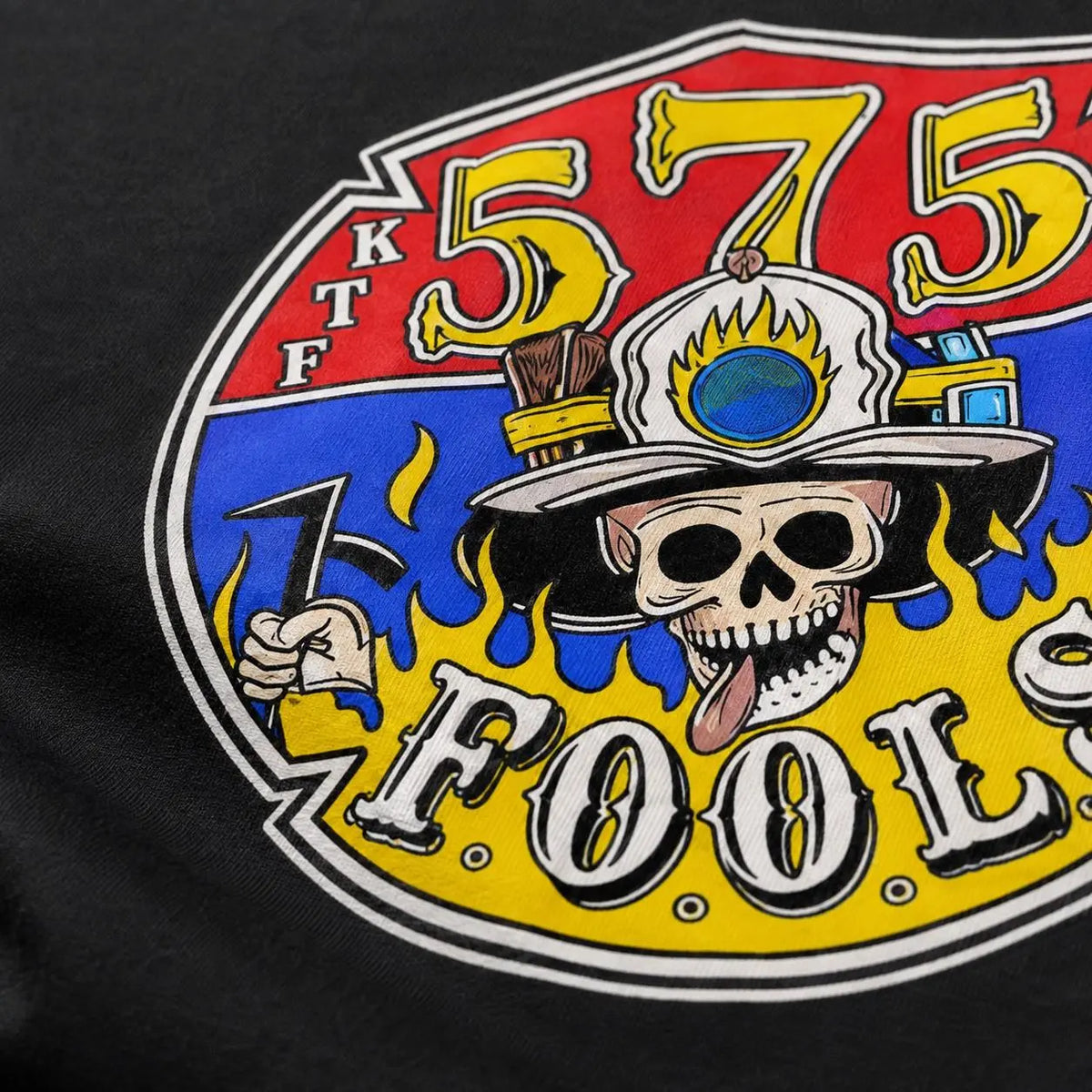 [MADE IN US] Men's Soft Casual Cotton Graphic T-Shirt - 575 FOOLS Firefighter Design with Skull Helmet, Flames, Firehouse Emblem, Gift for Firefighters Brotherhood Members, Men's Top Classic Menswear 3