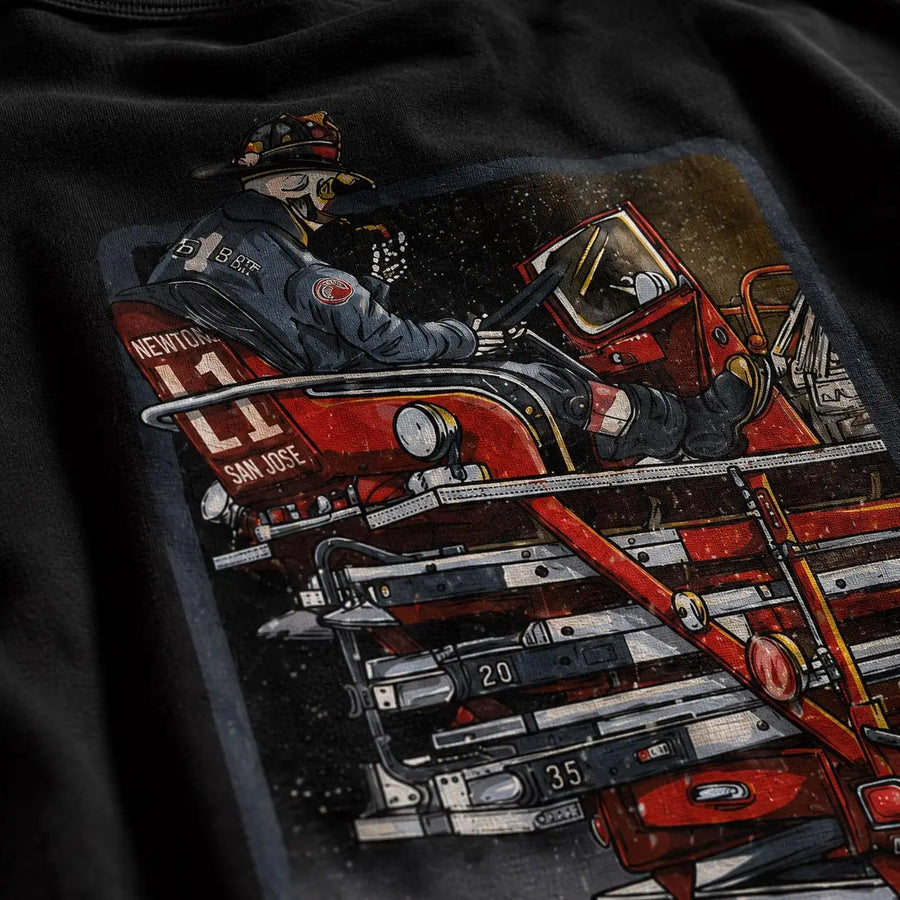 [MADE IN US] Men's Graphic Basic Tee - Preshrunk Cotton, Shoulder Tape, Double-Sided Detailed Ladder Truck & Fireman Graphic, Gift for Firefighters (Men's Tops for Firefighting Pros) 2