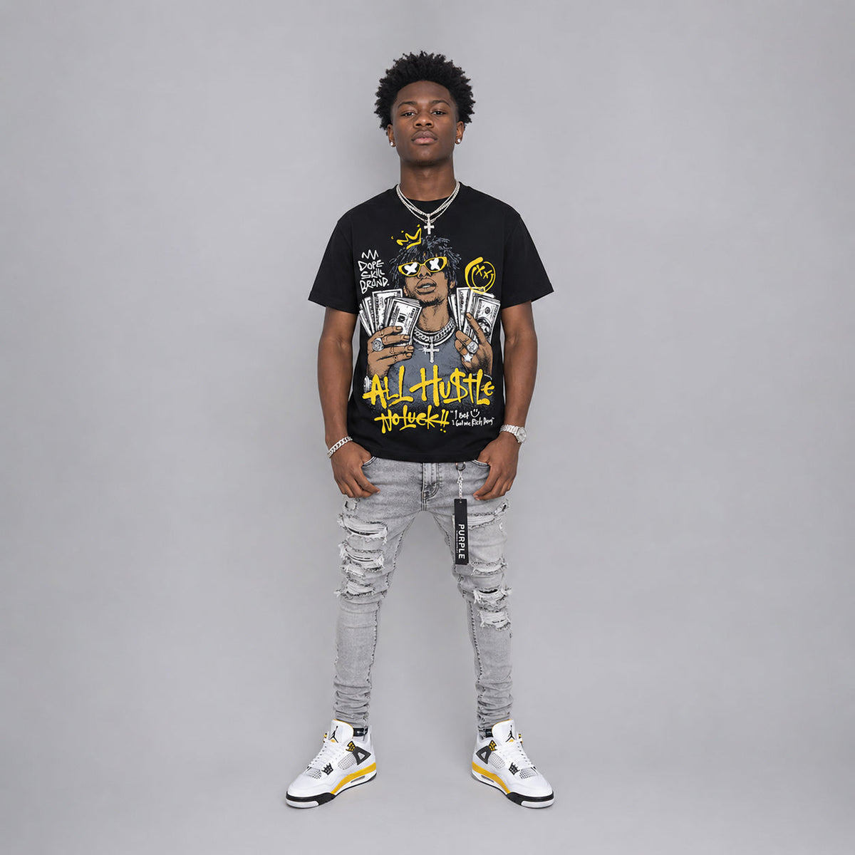 Tour Yellow 4s DopeSkill T-Shirt All Hustle No Luck Graphic