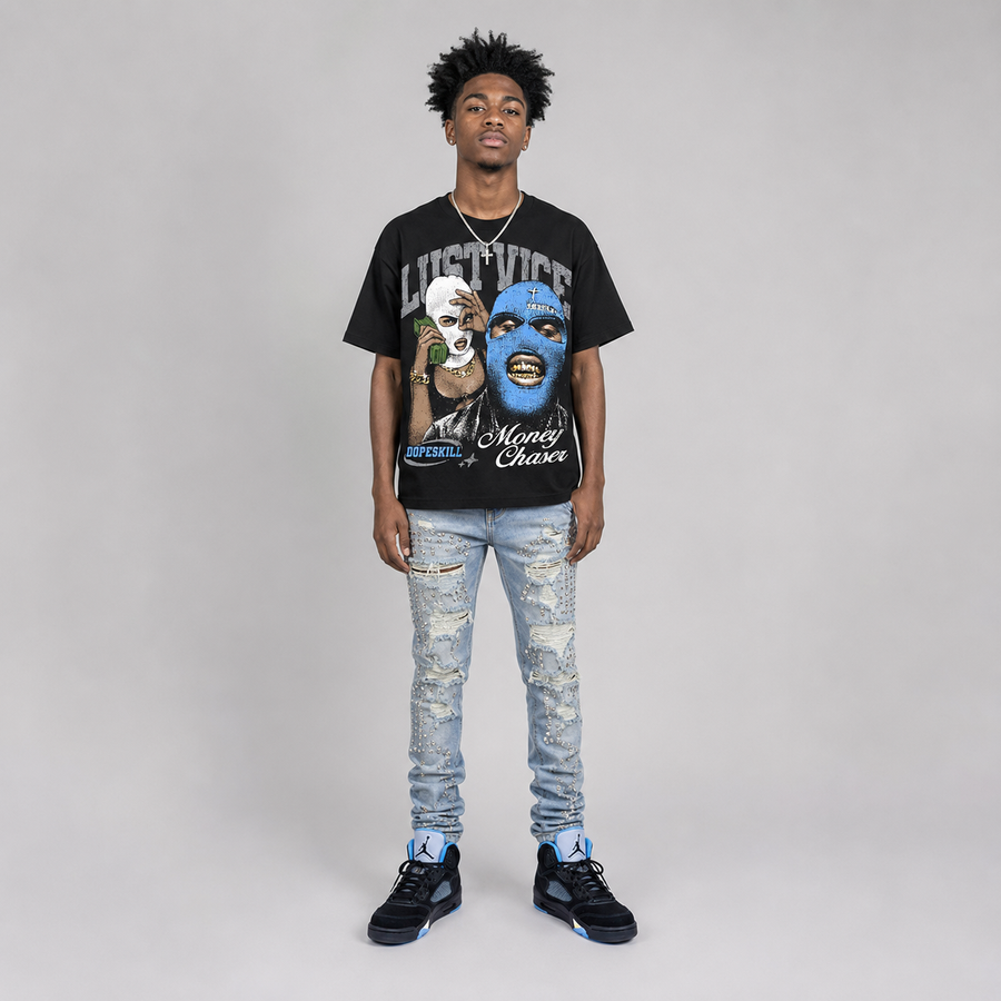 Black University Blue 5s DopeSkill T-Shirt Lust Vice Graphic