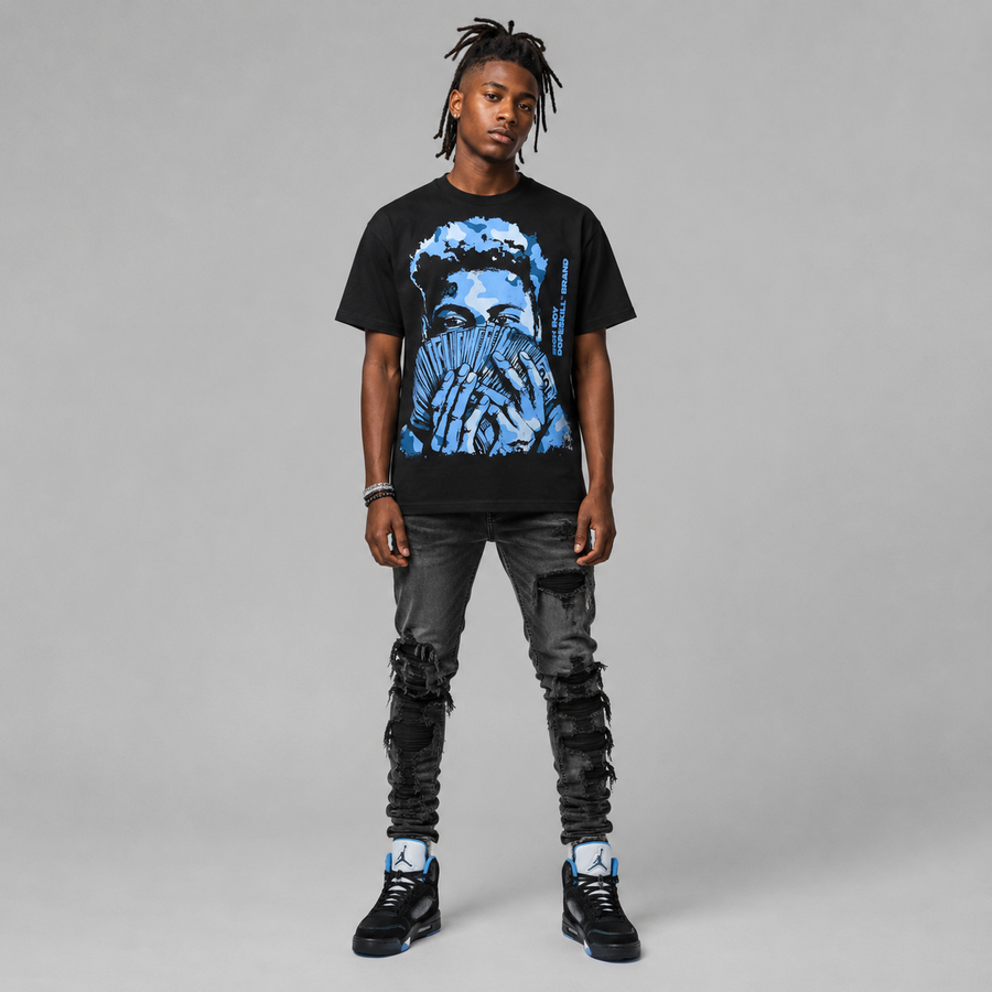 Black University Blue 5s DopeSkill T-Shirt Rich Boy Camo Graphic