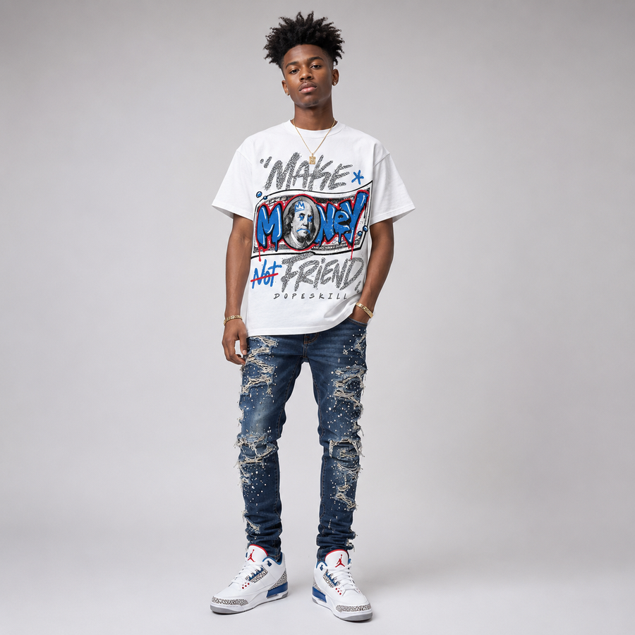 True Blue 3s DopeSkill T-Shirt Make Money Not Friend Typo Graphic