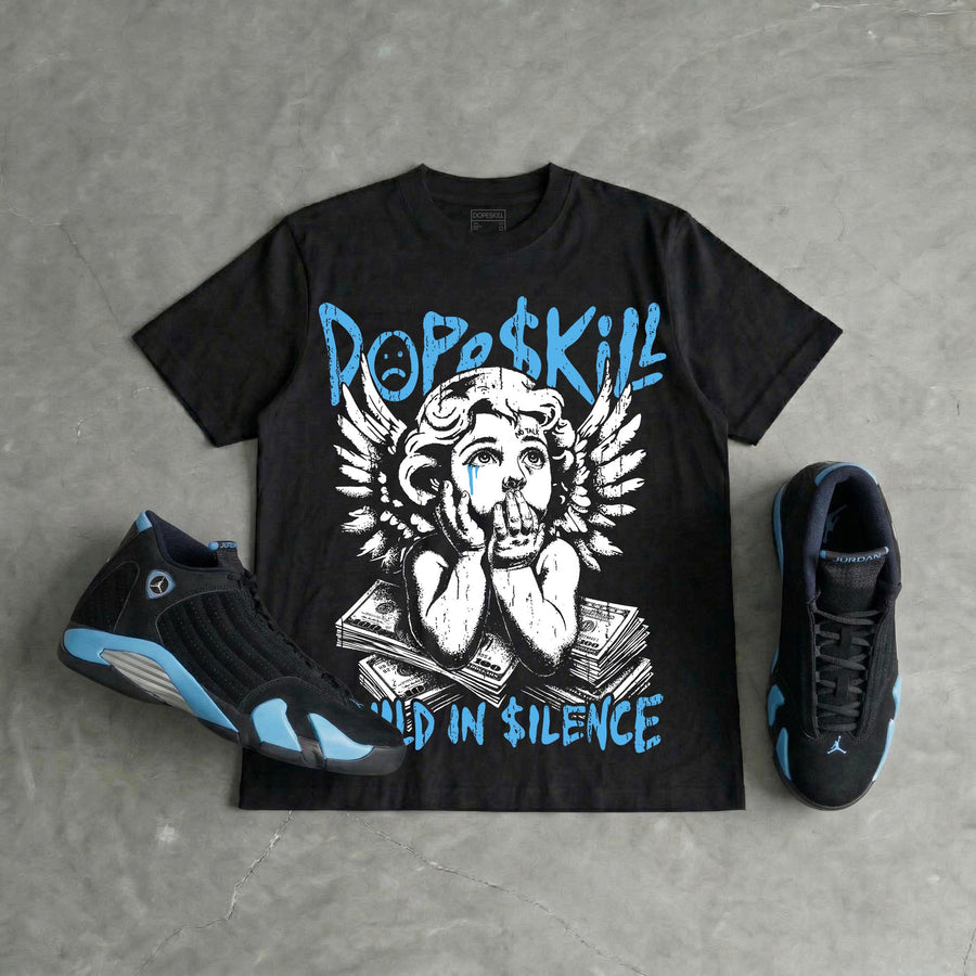 University Blue 14s DopeSkill Oversize Print T-Shirt Build in Silence Graphic