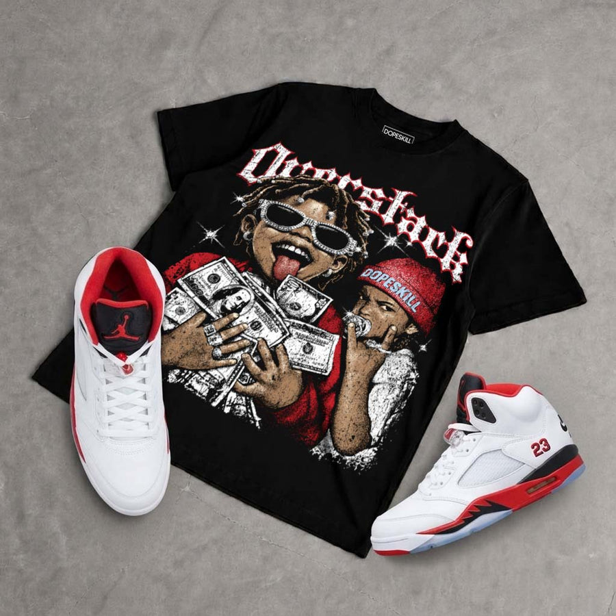 Fire Red Black Tongue 5s DopeSkill Oversize Print T-Shirt Overstack Graphic