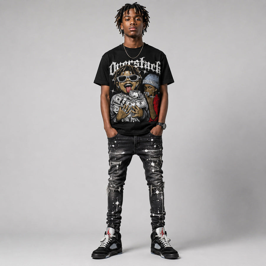 Black Metallic Reimagined 5s DopeSkill Oversize Print T-Shirt Overstack Graphic