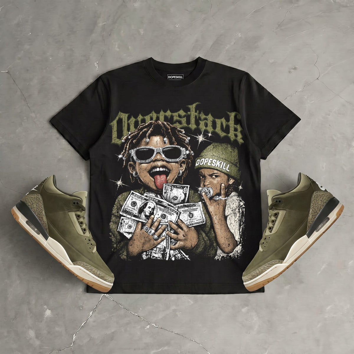 Medium Olive 3s DopeSkill Oversize Print T-Shirt Overstack Graphic