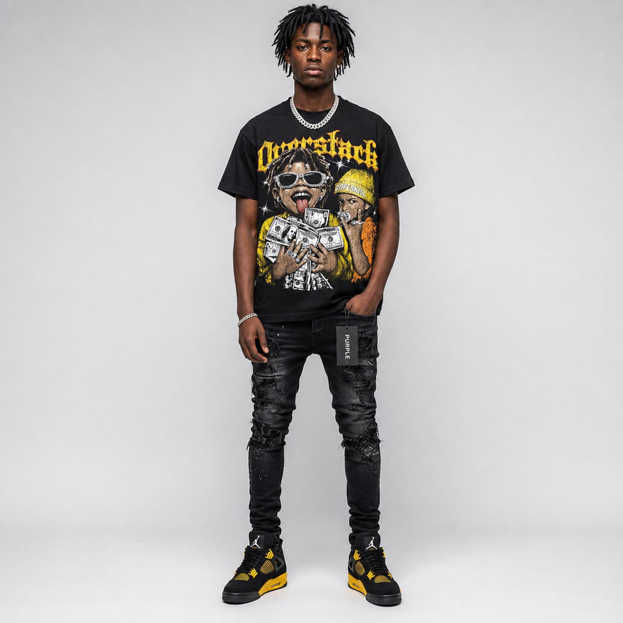 Black Tour Yellow AJ 4 Thunder DopeSkill Oversize Print T-Shirt Overstack Graphic