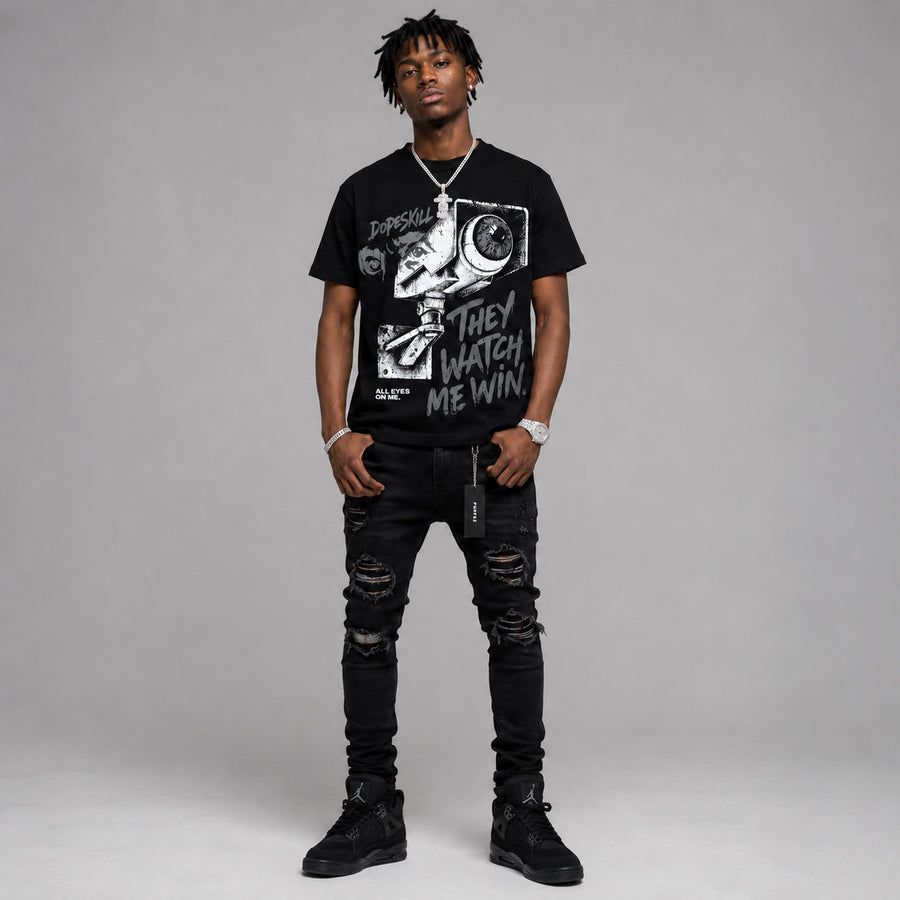 Black Cat 4s DopeSkill T-Shirt They Watch Me Win Graphic
