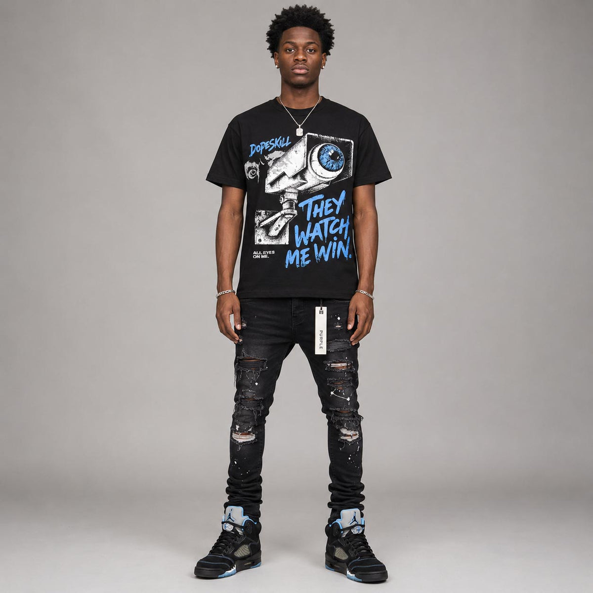 Black University Blue 5s DopeSkill T-Shirt They Watch Me Win Graphic