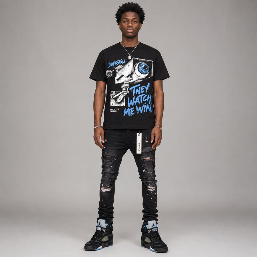 Black University Blue 5s DopeSkill T-Shirt They Watch Me Win Graphic