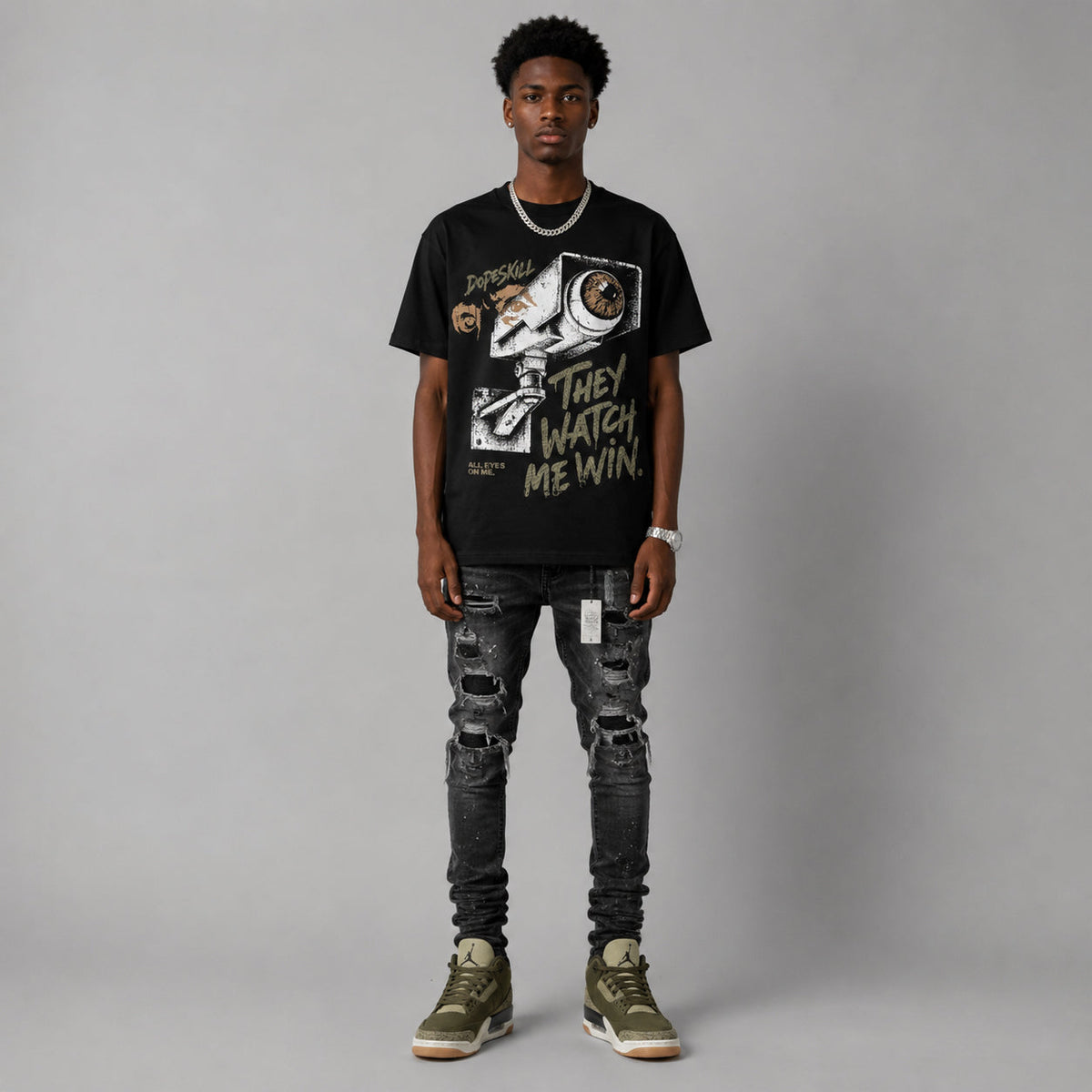 Medium Olive 3s DopeSkill T-Shirt They Watch Me Win Graphic