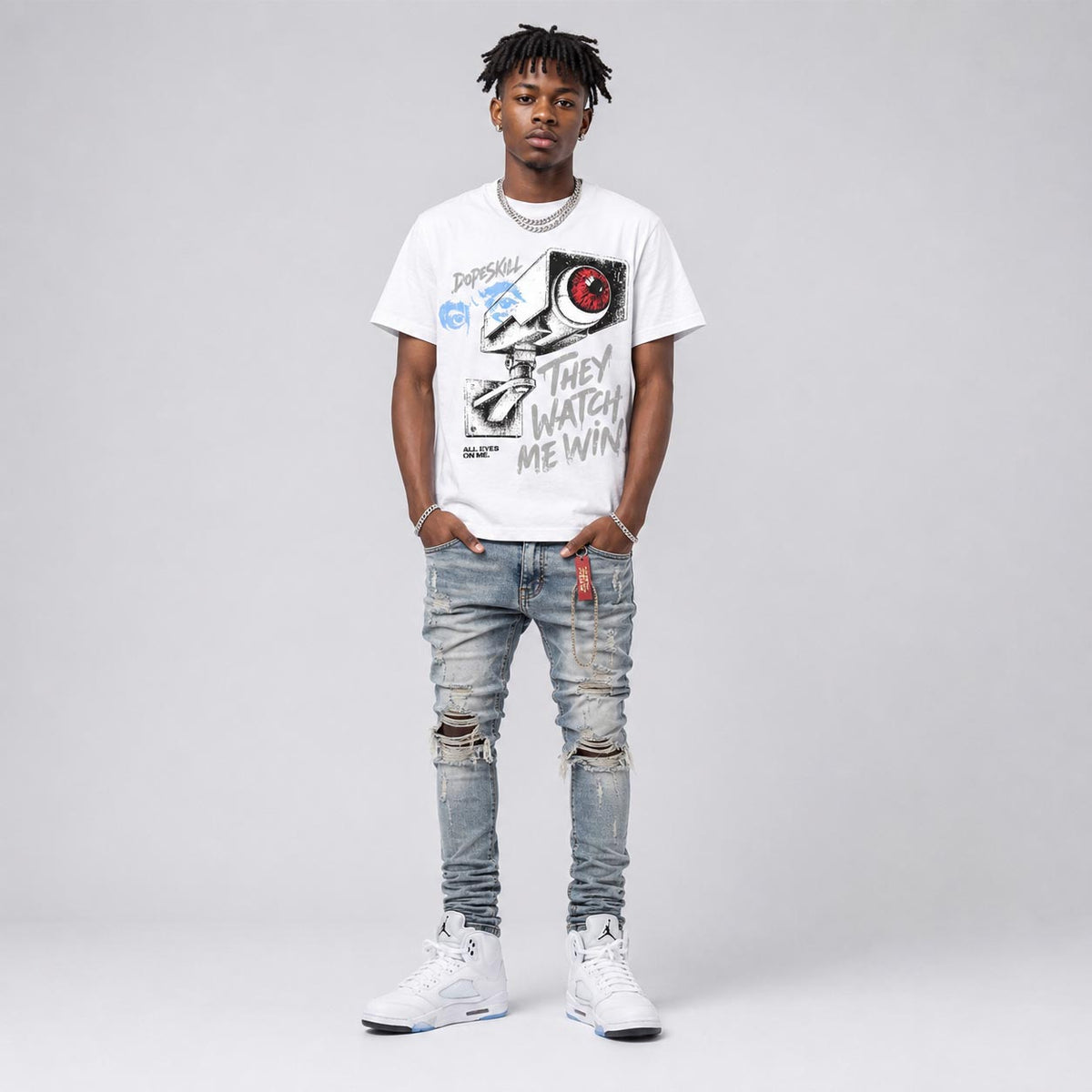 White Metallic 5s DopeSkill T-Shirt They Watch Me Win Graphic