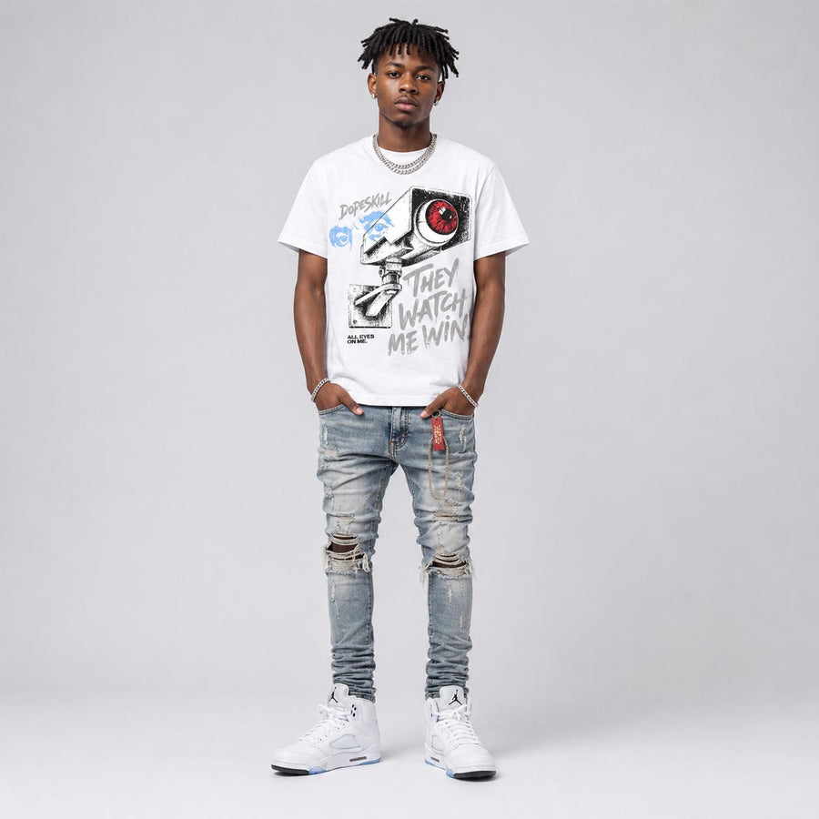 White Metallic 5s DopeSkill T-Shirt They Watch Me Win Graphic
