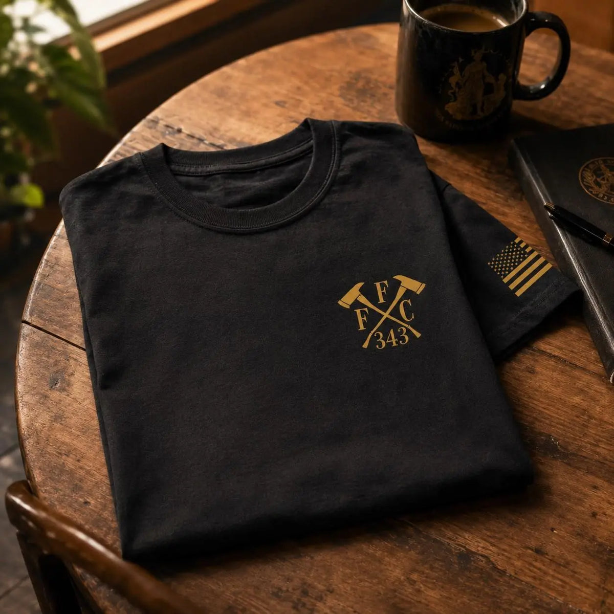 [MADE IN US] Men's Seamless Cotton Short Sleeve Tops - Patron Saint Florian Firefighter Basic Tee with 2-Sided Gold Graphic, Multi-Size Appreciation Gift for First Responders 2
