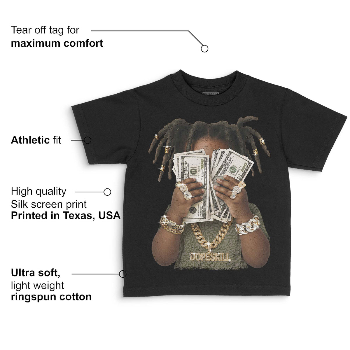 Medium Olive 3s DopeSkill Toddler Kids T-shirt Rich Youth Graphic